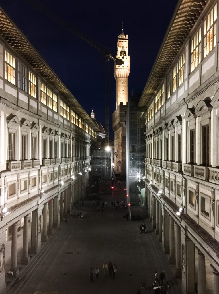 The Uffizi Galleries are lit up at night
