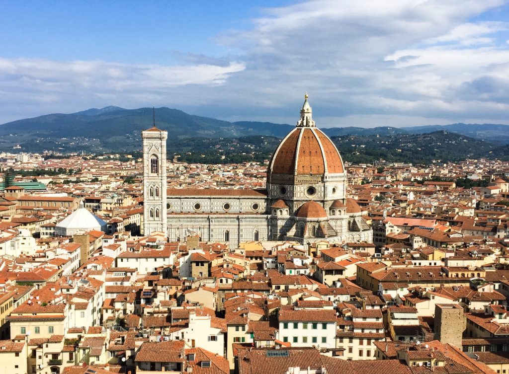 One of the ten best things to do in Florence is to climb a tower for a view of the red rooftops and The Duomo di Firenze. Here, the Duomo as seen from the Arnolfo Tower of the Palazzo Vecchio