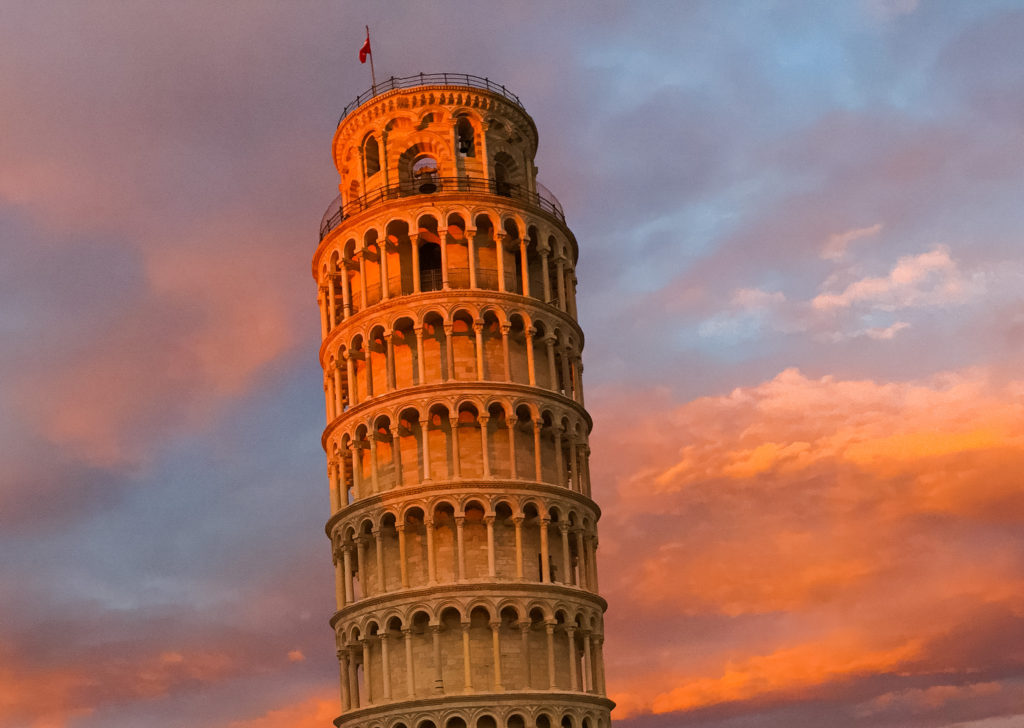 Sunset at the Leaning Tower of Pisa in Italy