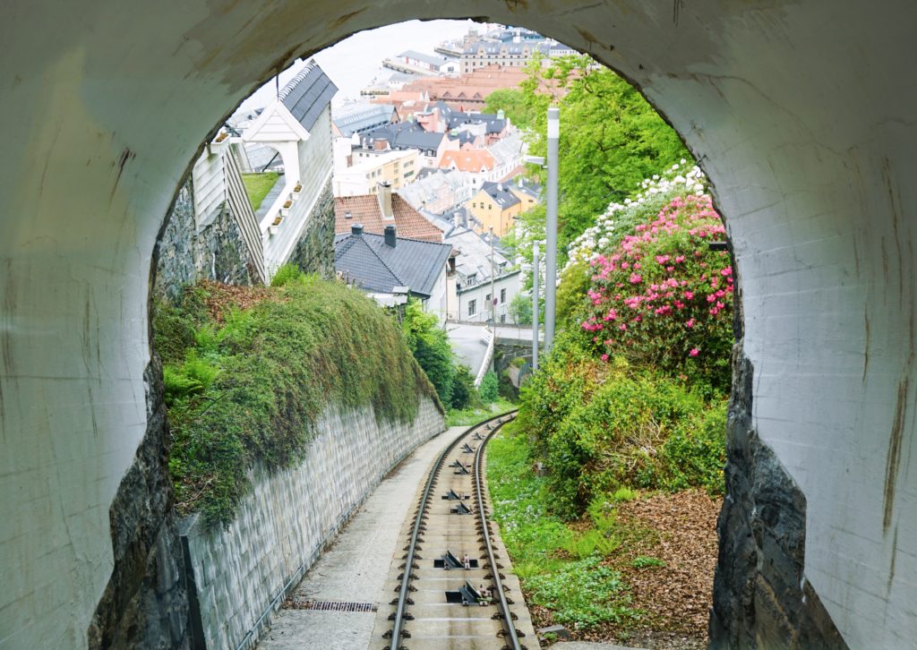 View of the city through the tunnel Mt Floyen Bergen Norway