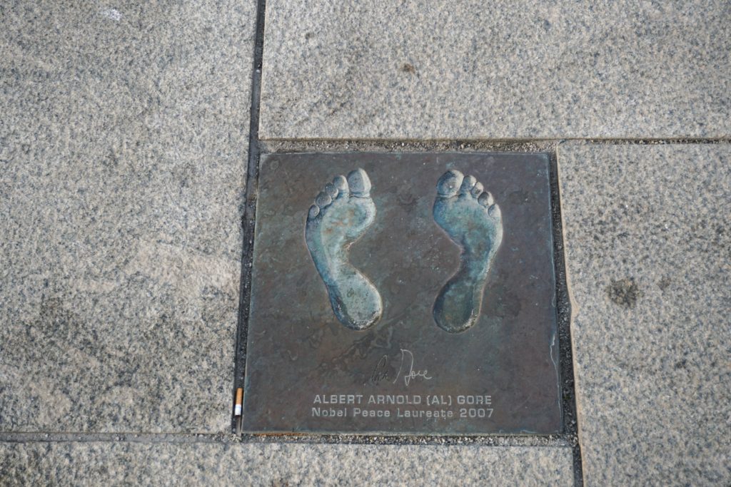 Bronze footprints of Al Gore on the Path of Peace in Stavanger Norway