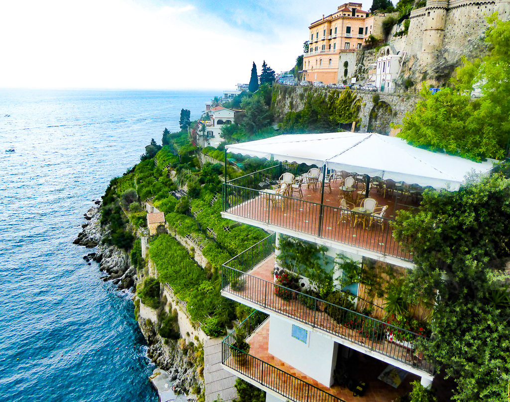 Buildings cling to the cliff on the Amalfi Coast of Italy