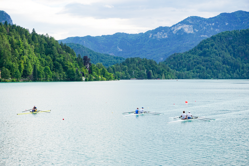 Rowers practicing at Lake Bled in Slovenia