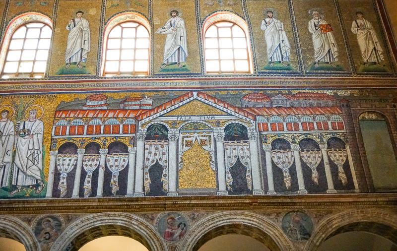 A mosaic of Theodoric's Palace at the Church of sant'Apollinare Nuovo in Ravenna Italy