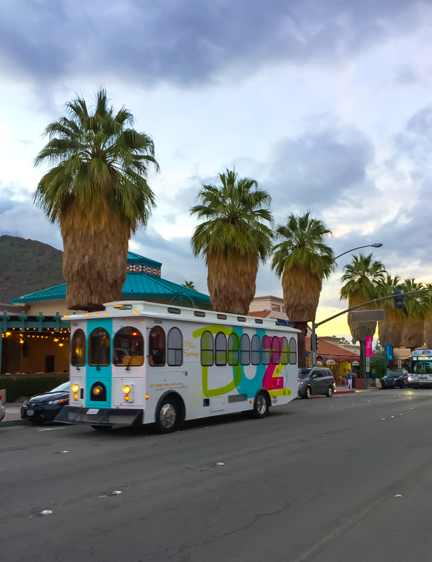 Palm Canyon Drive in downtown Palm Springs, California, at Dusk