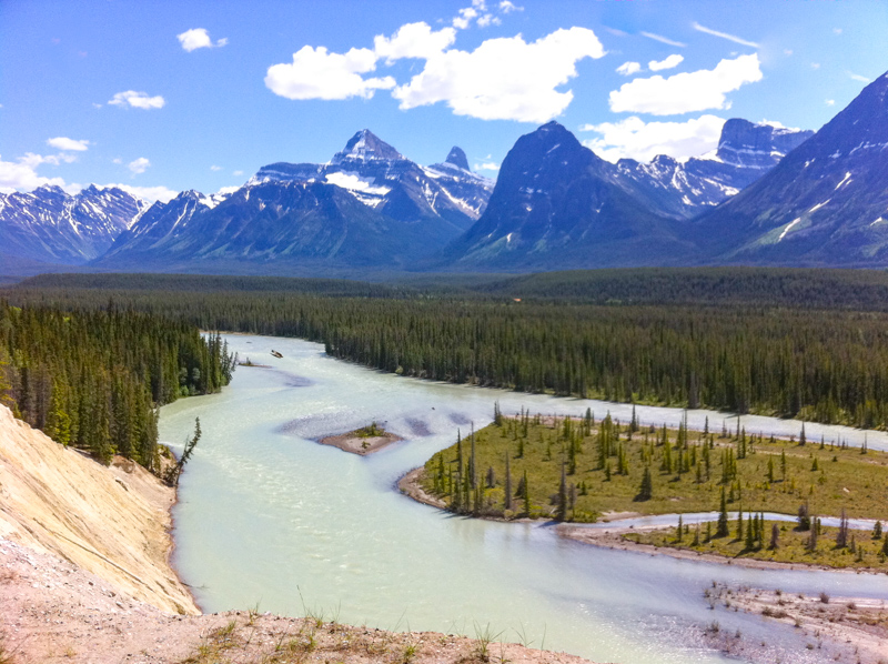 A view from the Goats and Glaciers Viewpoint along the Icefields Parkway in Alberta, Canada