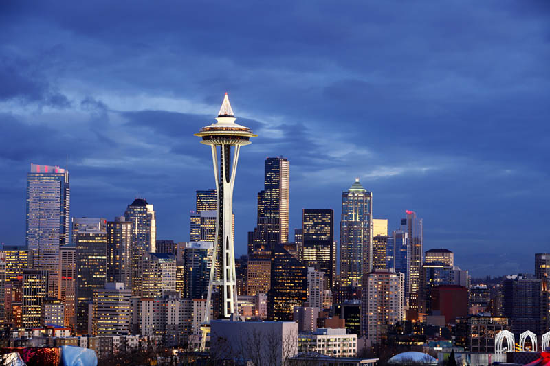 The Space Needle dominates the skyline in Seattle, Washington