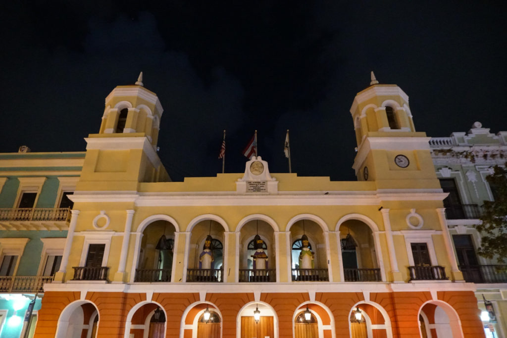 Plaza de Armas  in Old San Juan, PR, lit up at night