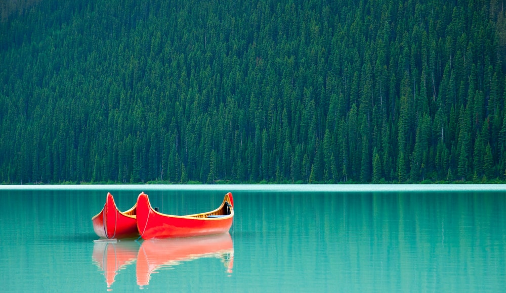 Canoes on Lake Louise in Canada