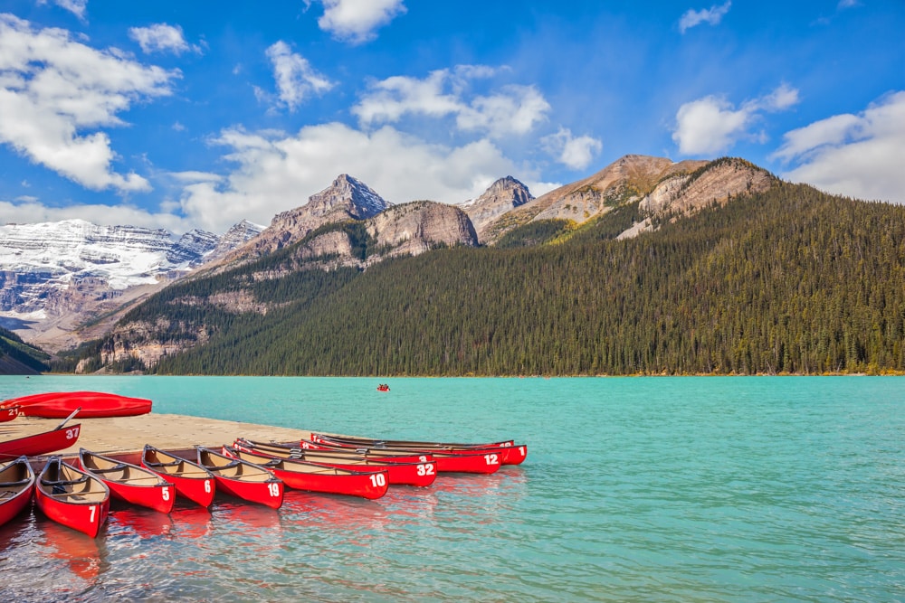 Canoes on Lake Louise in Banff National Park, Canada