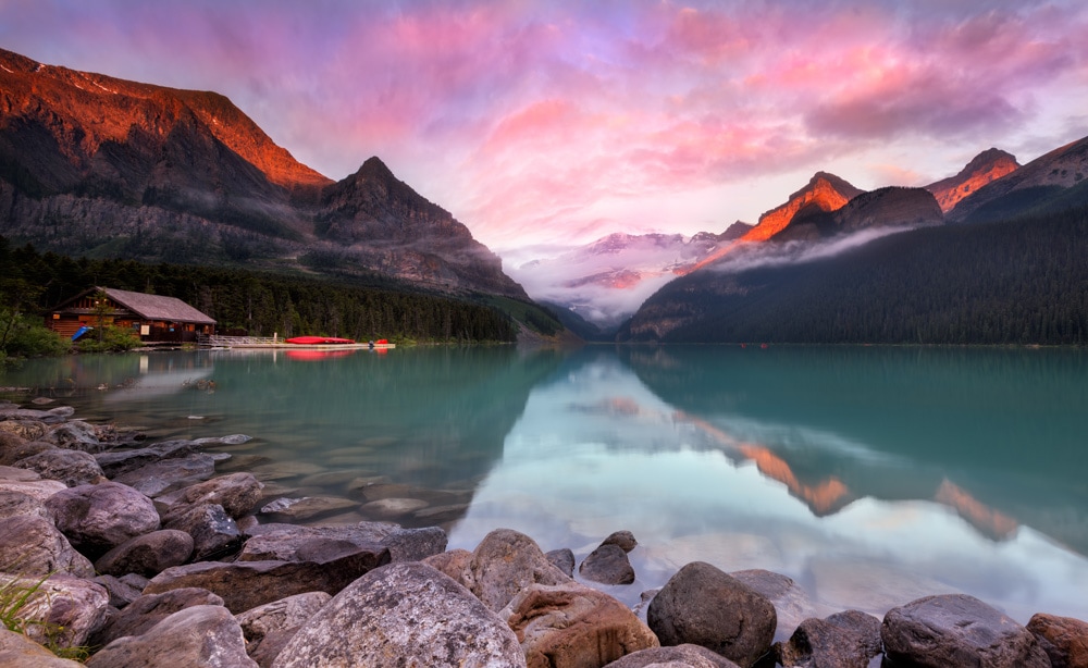 Lake Louise in Canada at dusk