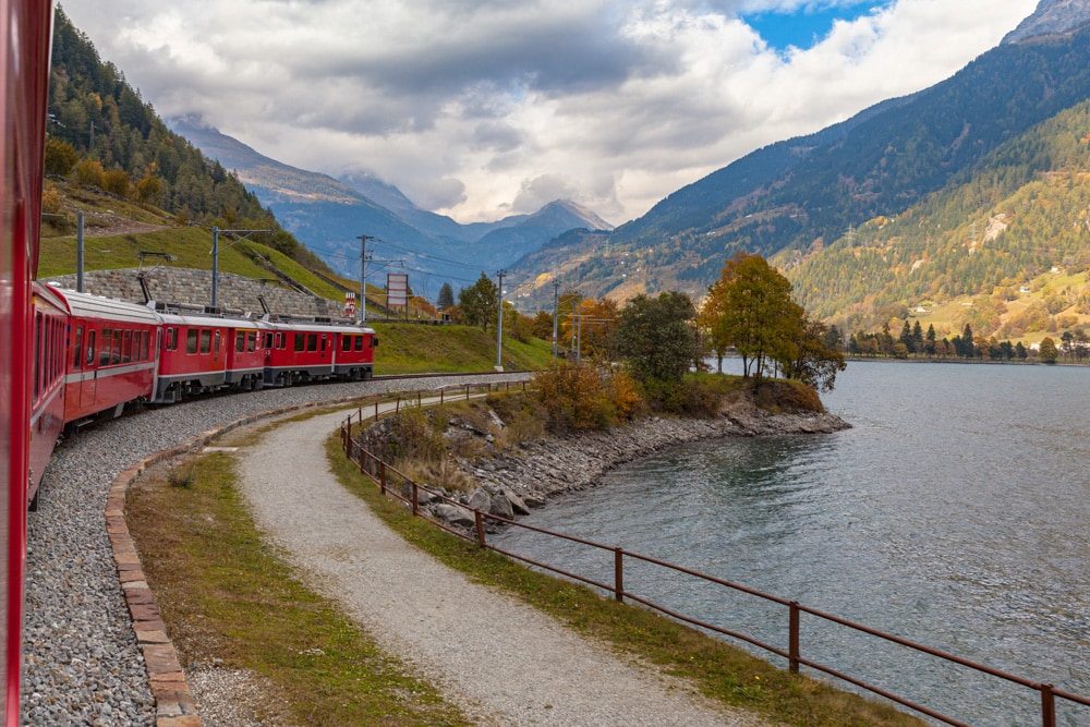 The Bernina Express travels through stunning scenery.