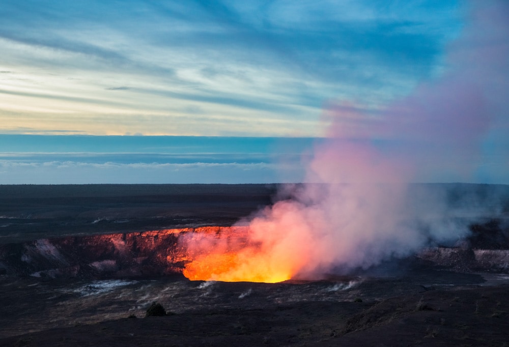 An eruption at Kilauea Crater in Hawaii Volcanoes National Park on the Big Island of Hawaii