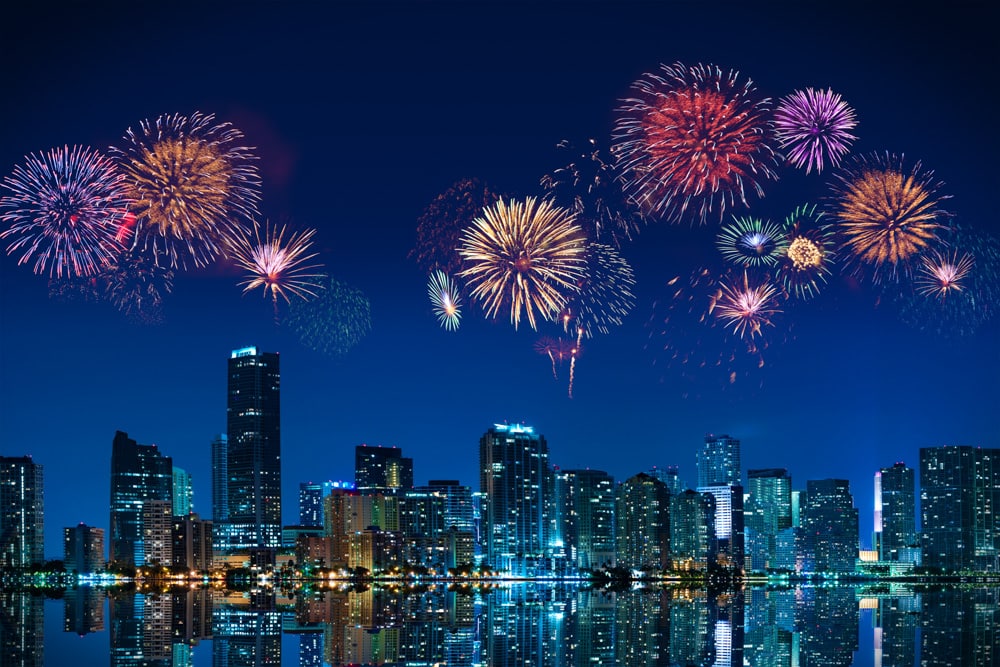 Fireworks in downtown Miami in Florida