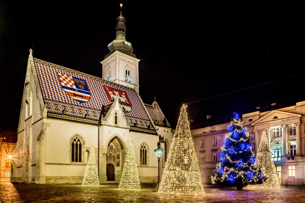 Lit-up Christmas trees in Zagreb, Croatia