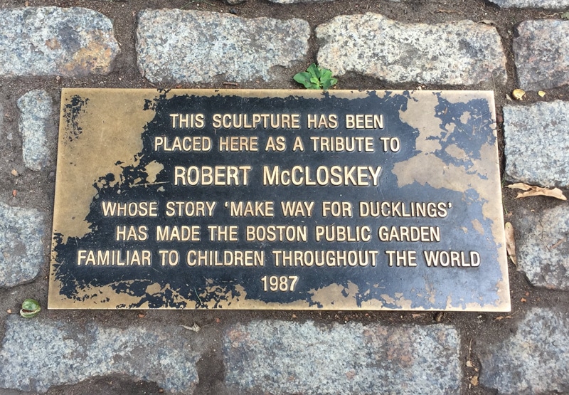 Plaque at the Make Way for Ducklings Statue in the Boston Public Garden.