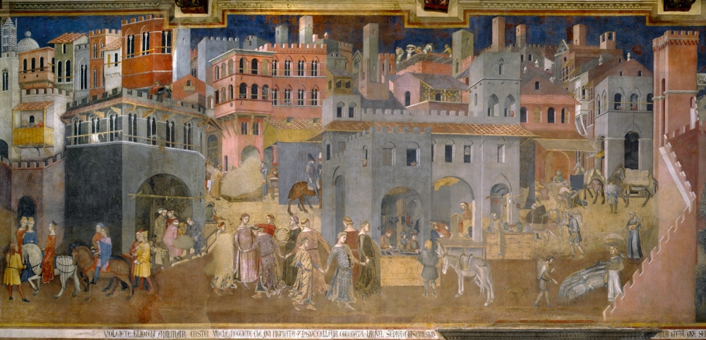 The Effects of Good Government in the City, part of the Allegory of Good and bad Government at the Museo Civico in Siena, Italy