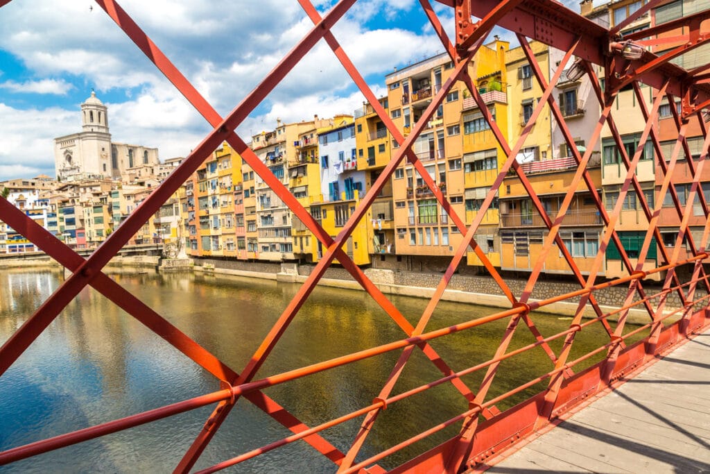 The red lattices of the Eiffel Bridge in Girona, Spain