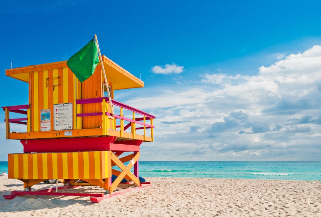 A colorful lifeguard tower on South Beach, Miami