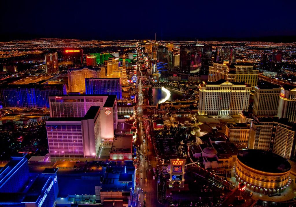 View from a helicopter over the Las Vegas Strip in Vegas, Nevada