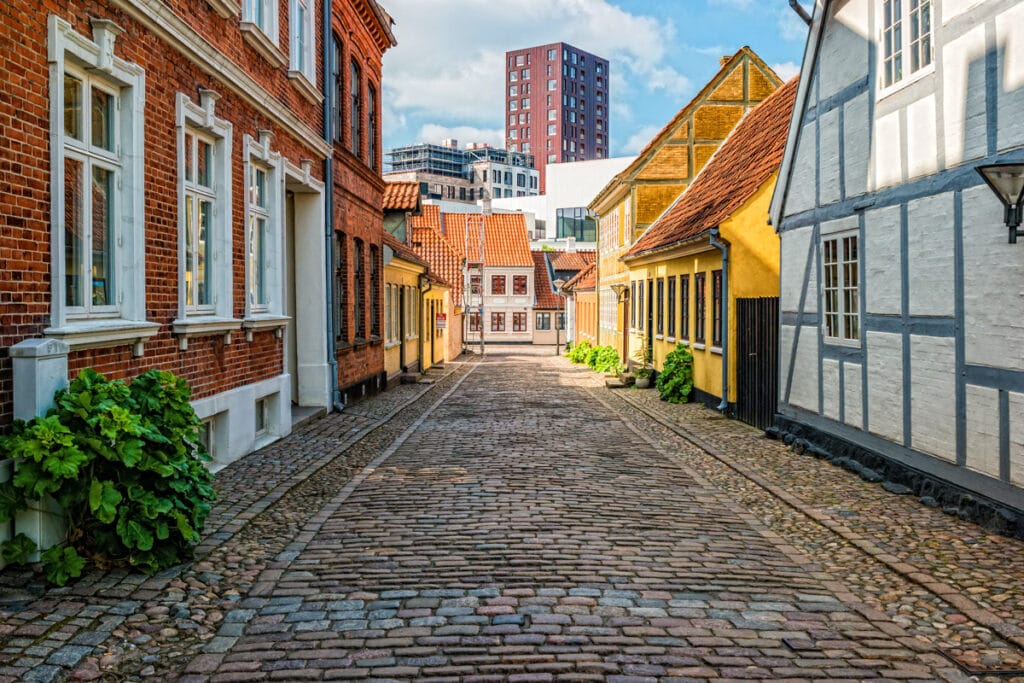 A cobbled street in Old Tow Odense, Denmark