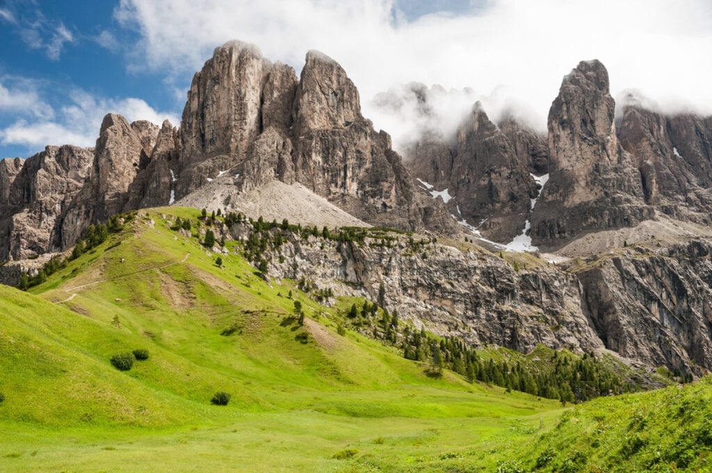 A view from the Gardena Pass in the Dolomites in Italy