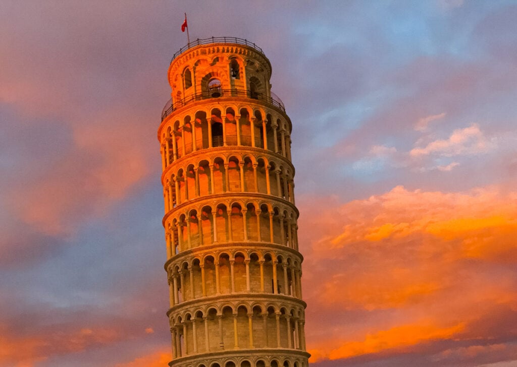 Leaning Tower of Pisa, Italy, at sunset