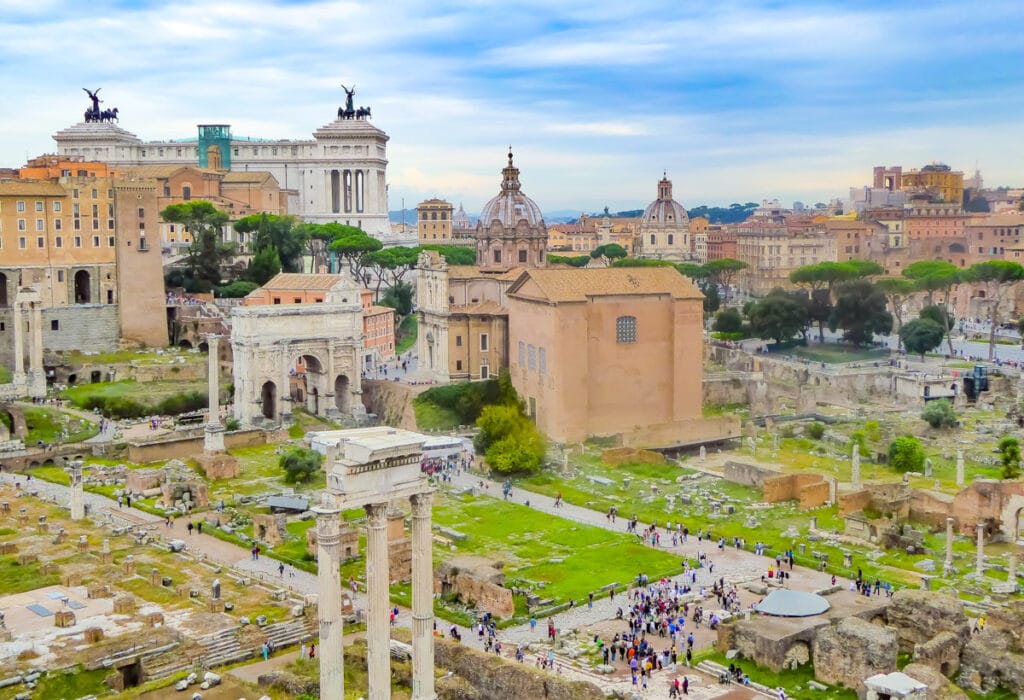 View of the Forum from Palatine Hill in Rome, Italy