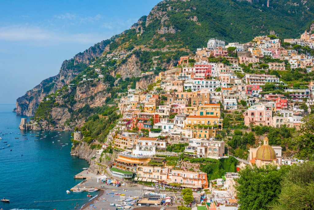 A view of Positano's pastel houses on Italy's Amalfi Coast