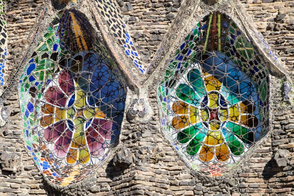 Stained glass windows at Colonia Guell Crypt in Barcelona, Spain
