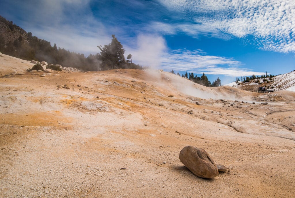 Steam rising up from hot pools at Lassen Volcanic National Park in California