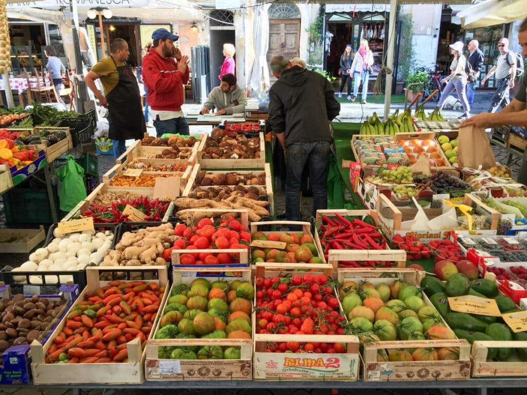 Produce at the Campo de' Fiori morning market in Rome, Italy