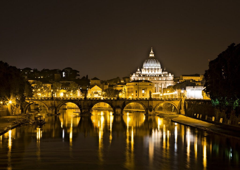 Saint Peter's in Vatican City illuminated after dark