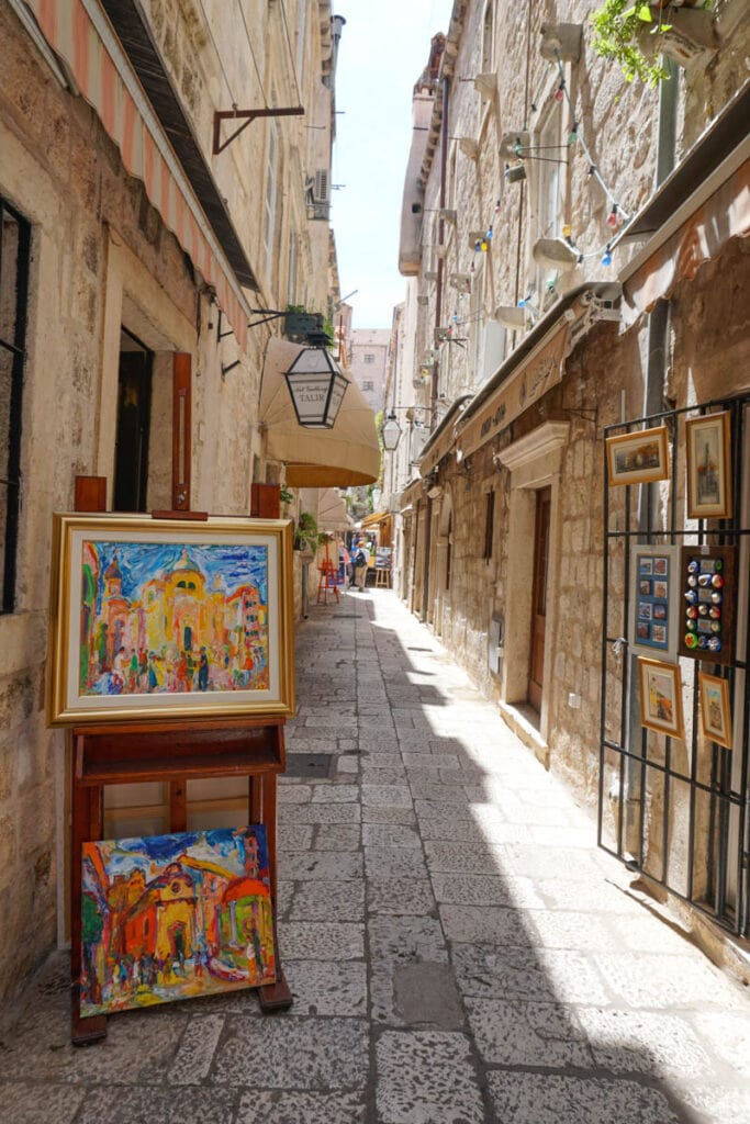 A side street in Dubrovnik, Croatia, with small souvenir shops