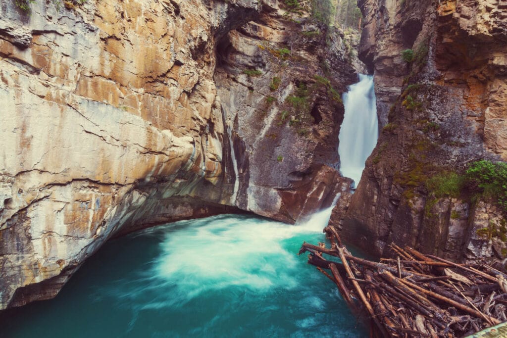 A waterfall in Johnston Canyon in Banff National Park, Canada