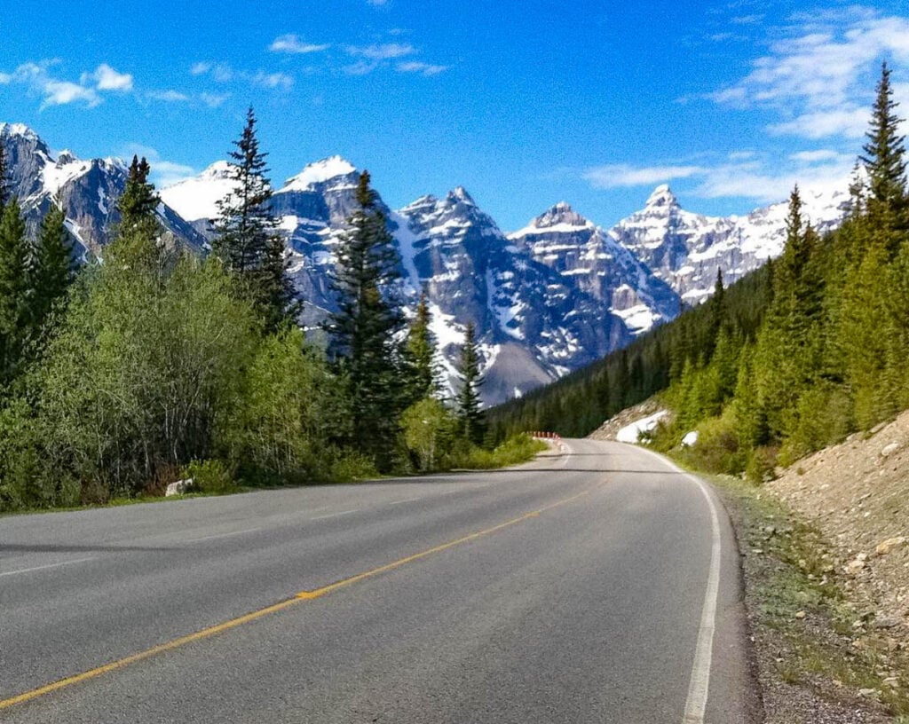 The road to Moraine Lake in Lake Louise Village, Banff, Canada