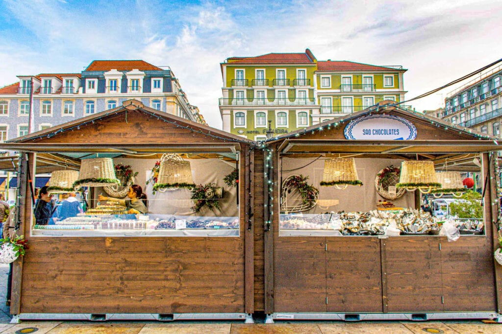 Stalls at a Lisbon Christmas market in Portugal