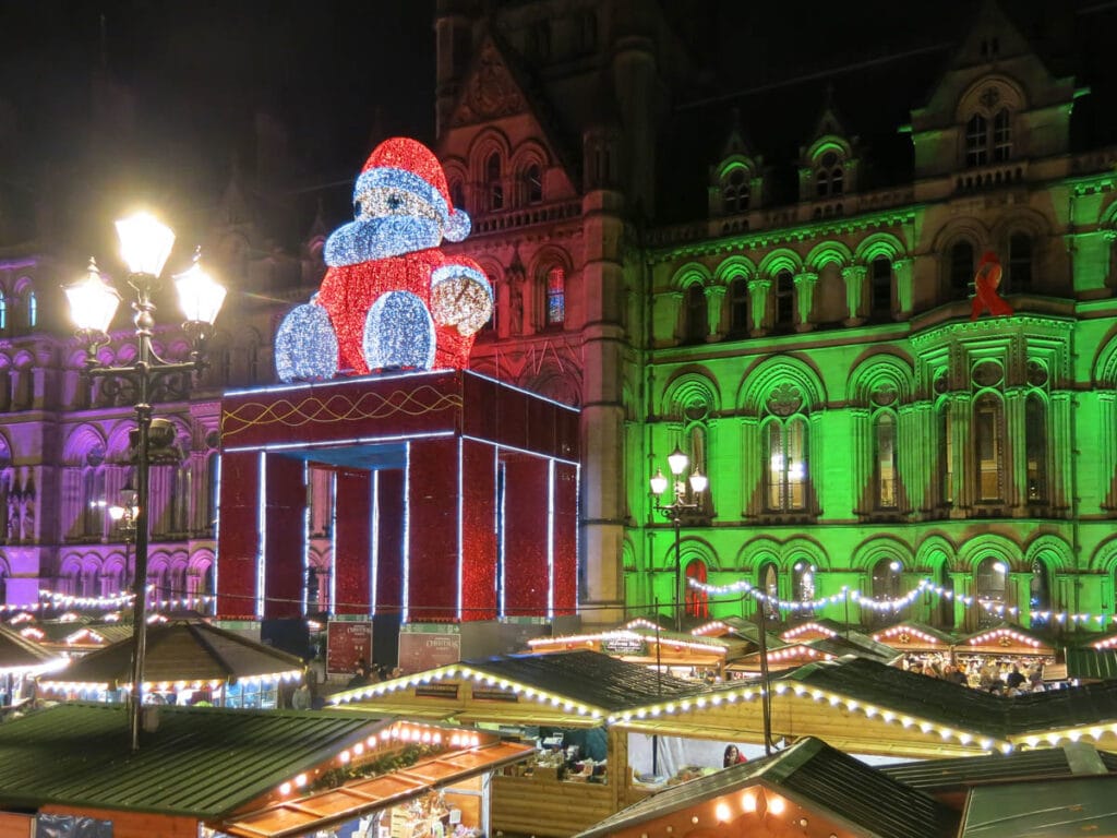 A giant Santa Claus decoration at the Manchester Christmas Market in England