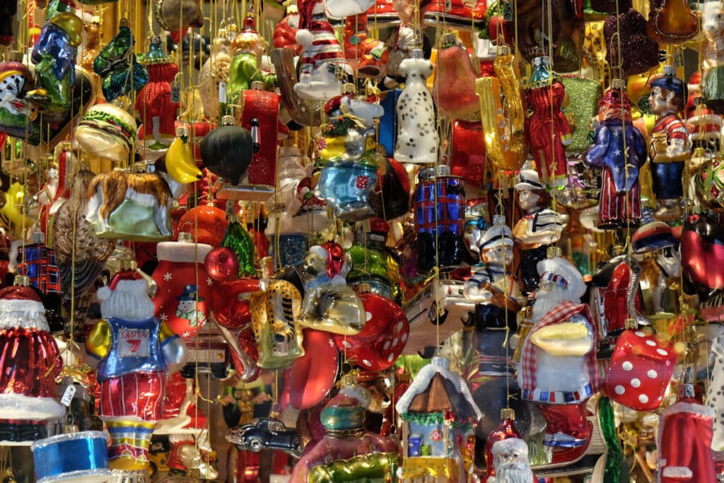 Stall offering ornaments at a Christmas market in Zagreb, Croatia