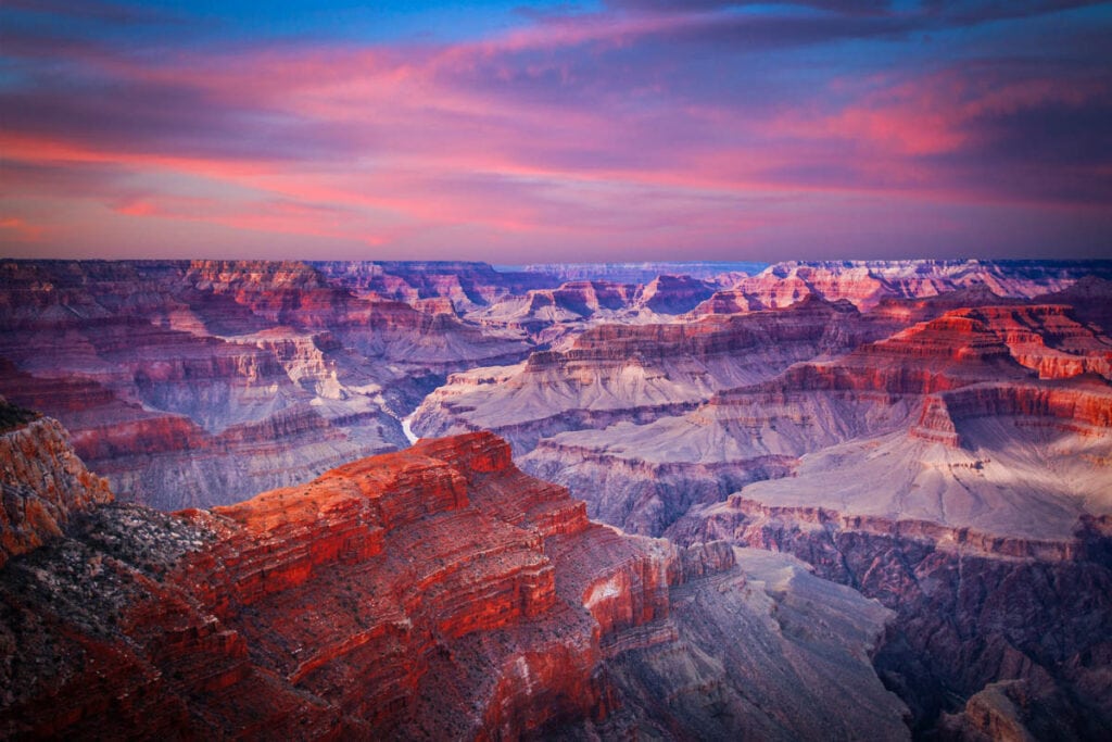 A colorful sunrise at Mather Point in Grand Canyon National Park in Arizona.