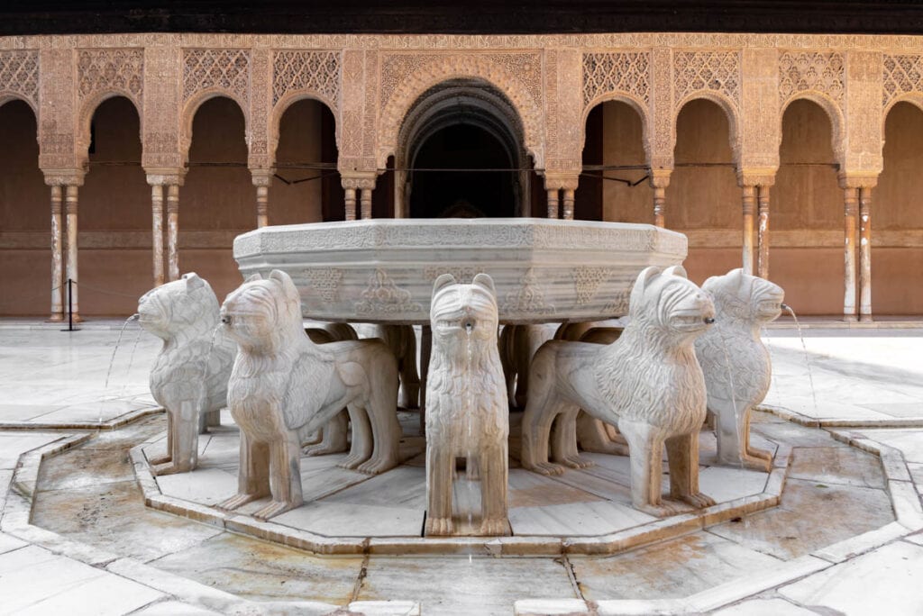 The. Courtyard of the Lions at the Alhambra Palace in Granada, Spain