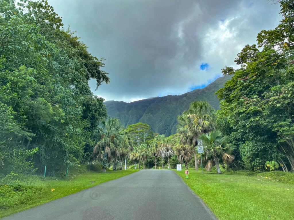 Driving into Ho'omaluhia Botanical Garden in Kaneohe, Oahu, Hawaii